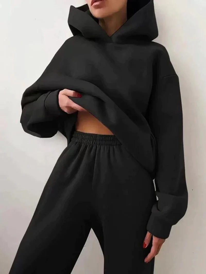 Cozy fleece hooded tracksuit set for women loungewear front view