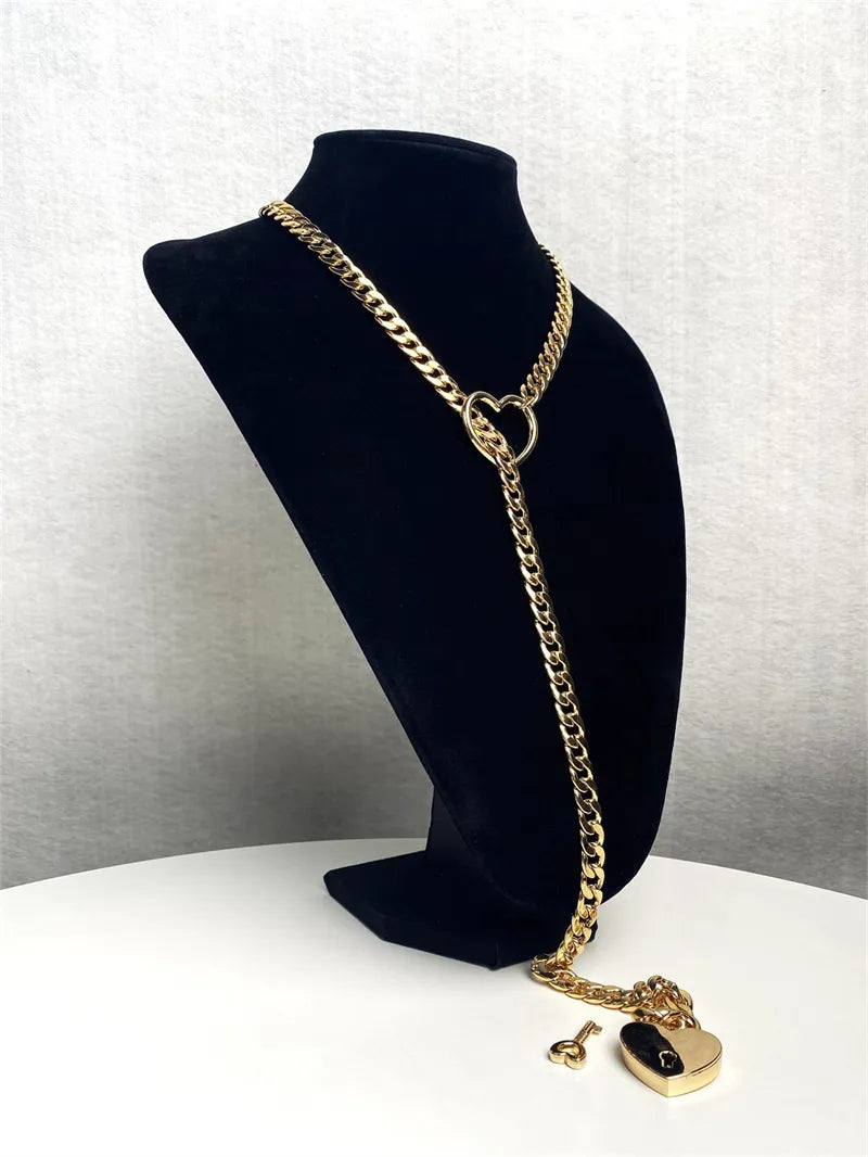 Adjustable Heart O-Ring Punk Rock Cuban Chain Necklace – Lariat Y-Style with Key & Heart Lock Pendant