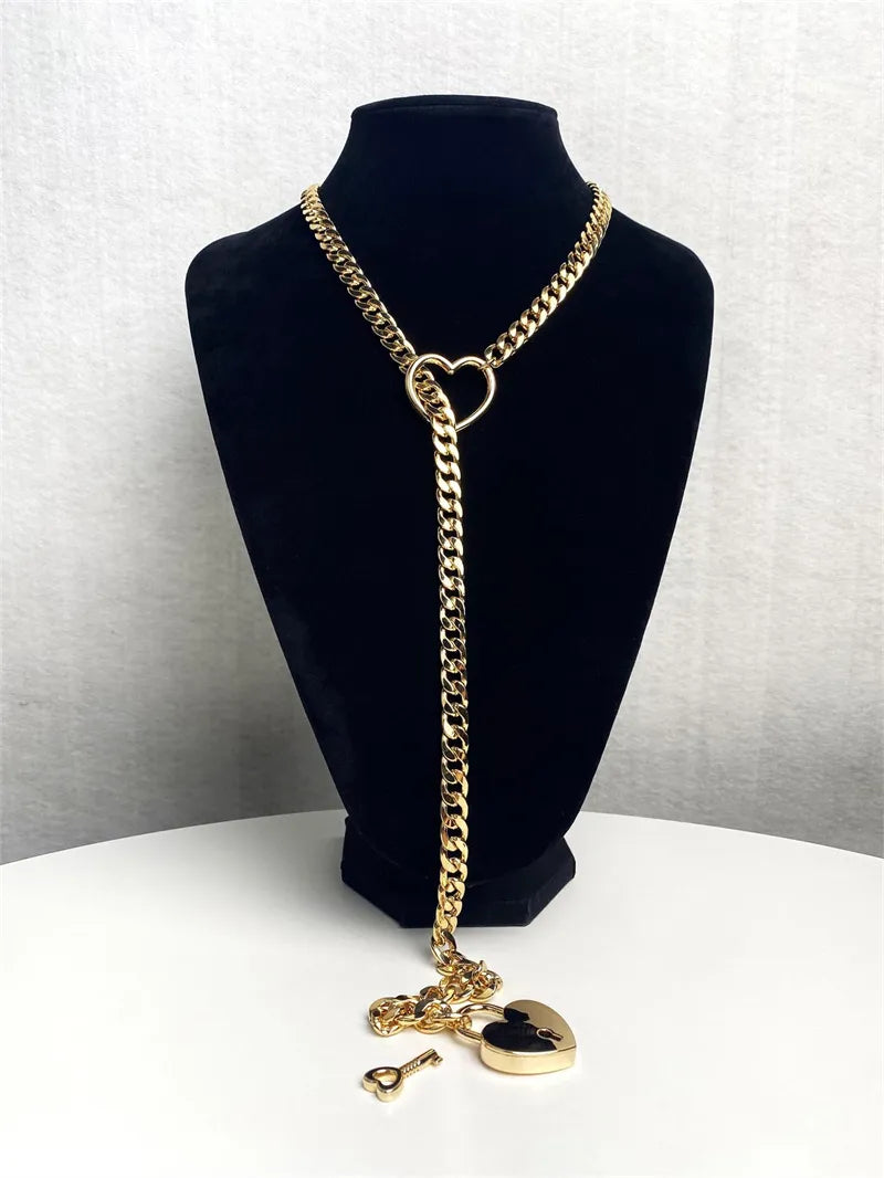 Adjustable Heart O-Ring Punk Rock Cuban Chain Necklace – Lariat Y-Style with Key & Heart Lock Pendant