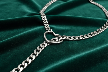 Adjustable Heart O-Ring Punk Rock Cuban Chain Necklace – Lariat Y-Style with Key & Heart Lock Pendant