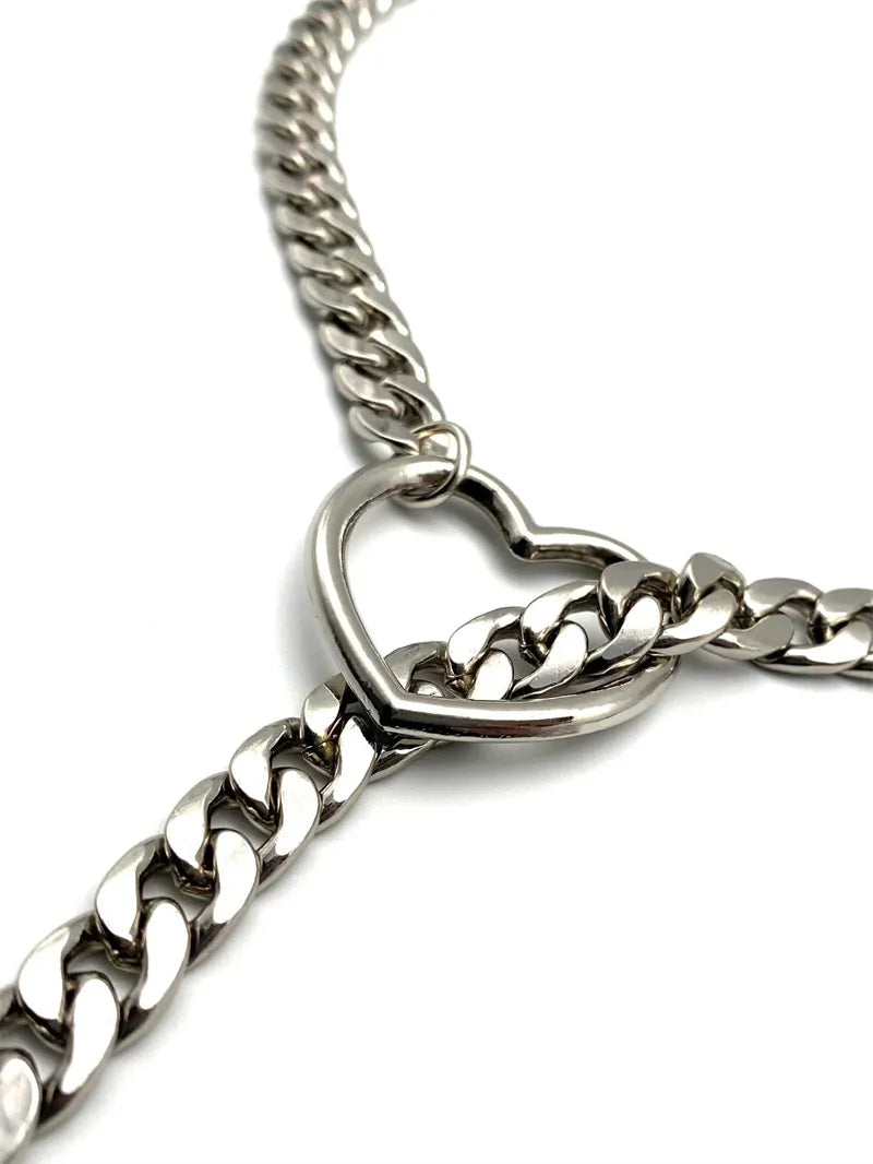 Adjustable Heart O-Ring Punk Rock Cuban Chain Necklace – Lariat Y-Style with Key & Heart Lock Pendant