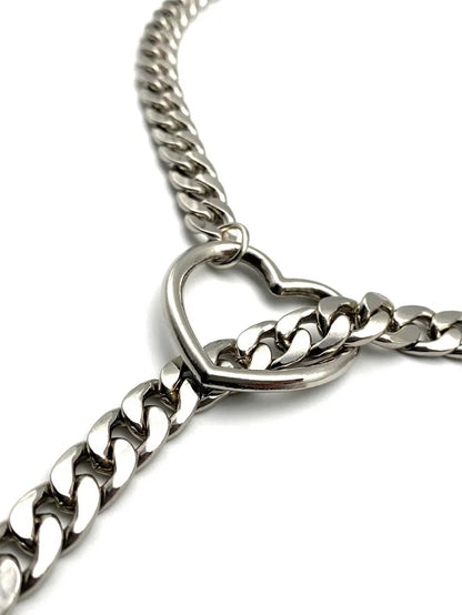 Adjustable Heart O-Ring Punk Rock Cuban Chain Necklace – Lariat Y-Style with Key & Heart Lock Pendant