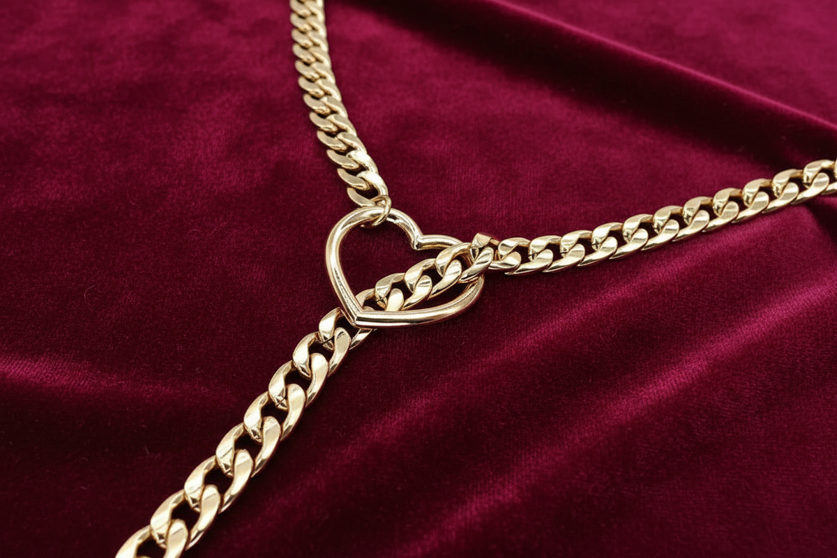 Adjustable Heart O-Ring Punk Rock Cuban Chain Necklace – Lariat Y-Style with Key & Heart Lock Pendant