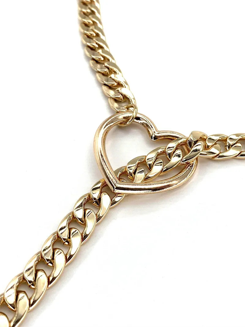 Adjustable Heart O-Ring Punk Rock Cuban Chain Necklace – Lariat Y-Style with Key & Heart Lock Pendant