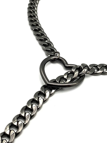 Adjustable Heart O-Ring Punk Rock Cuban Chain Necklace – Lariat Y-Style with Key & Heart Lock Pendant