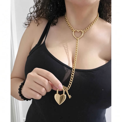 Adjustable Heart O-Ring Punk Rock Cuban Chain Necklace – Lariat Y-Style with Key & Heart Lock Pendant
