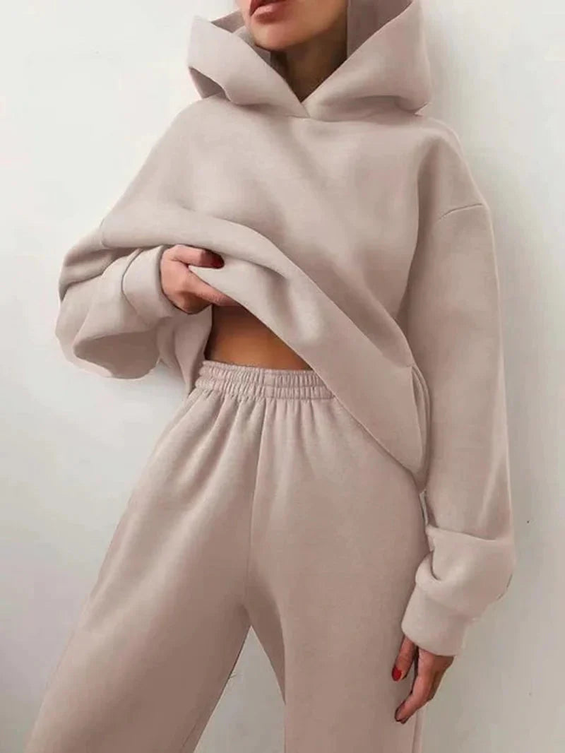 Cozy fleece hooded tracksuit set for women loungewear front view