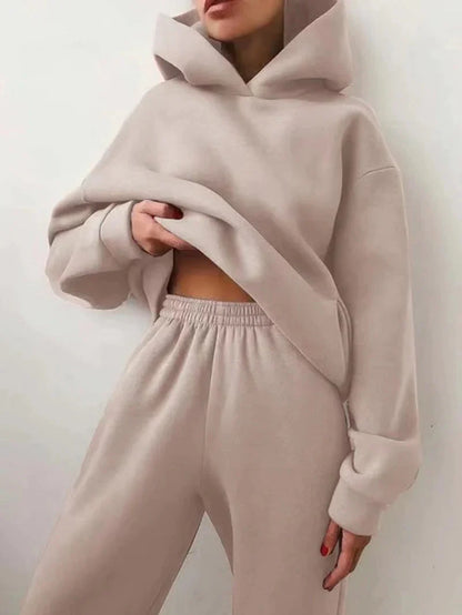Cozy fleece hooded tracksuit set for women loungewear front view