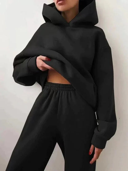 Cozy fleece hooded tracksuit set for women loungewear front view